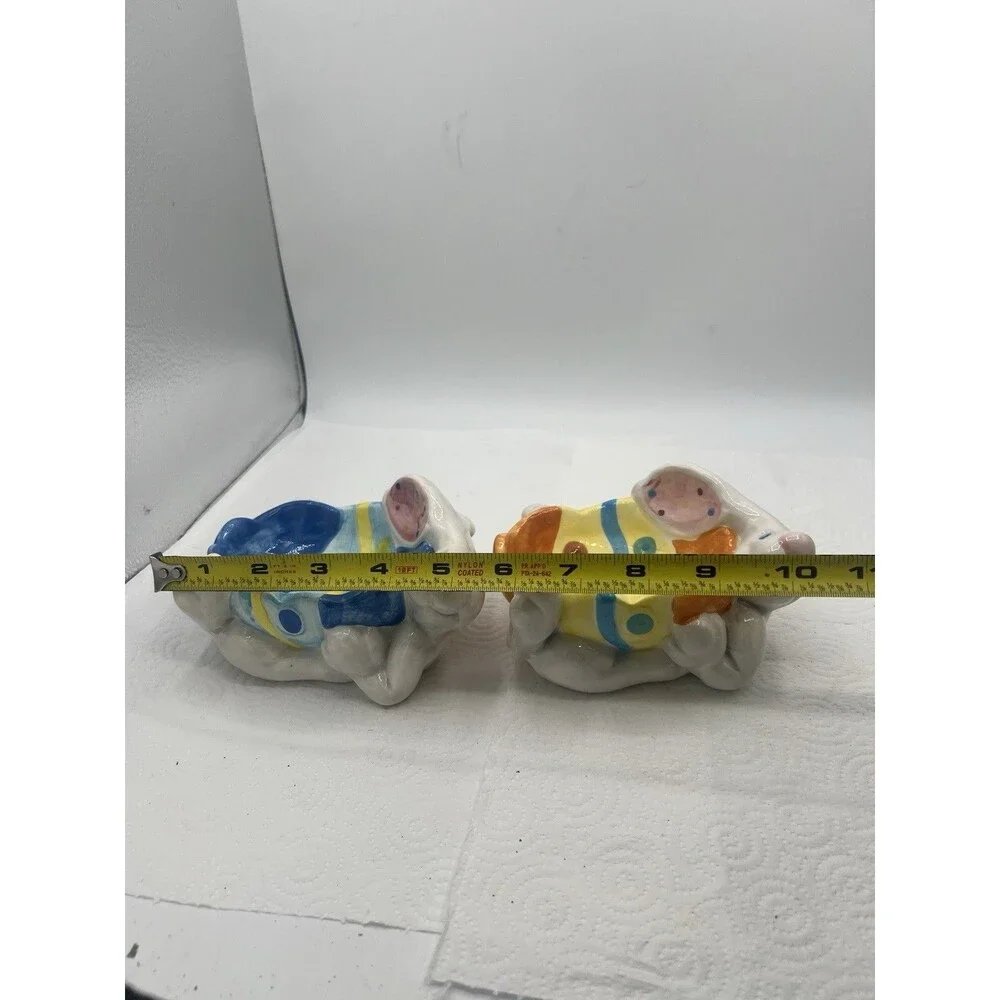 2 Colorful Easter Bunny White Rabbit Ceramic Soap Trinket Dish Tray Easter Egg